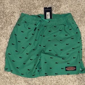 New Vineyard Vines Boys’ Swim Shorts Green with Navy Whale Print- Size 7